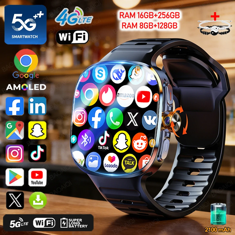 Reloj Inteligente 5G con Red Completa, Pantalla AMOLED HD de 720*720 de 2.40 Pulgadas, Videollamadas, 8GB+128GB de RAM, GPS, WIFI, Google Play, Reloj Inteligente con Información Meteorológica