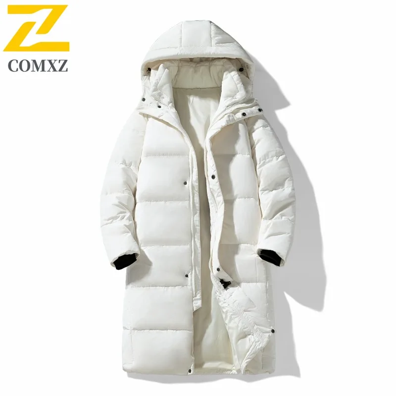 COMXZ Men Puffer Jacket Thickened Hooded Ski Street Warm Windproof Snow Winter Jacket High Quality Travel Long Padded Jackets