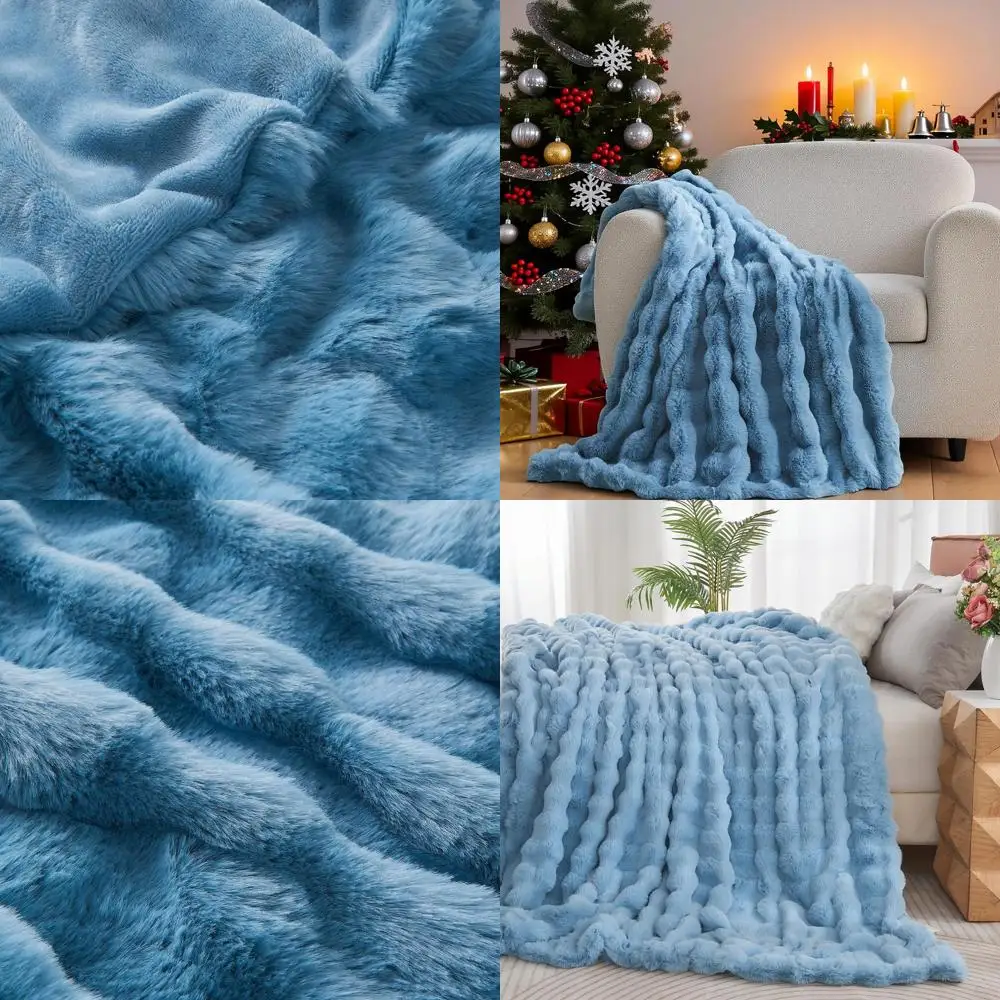 

Luxurious Sky Blue Faux Fur Blanket, Plush and Cozy for Couch or Bed, 108x90 Inches