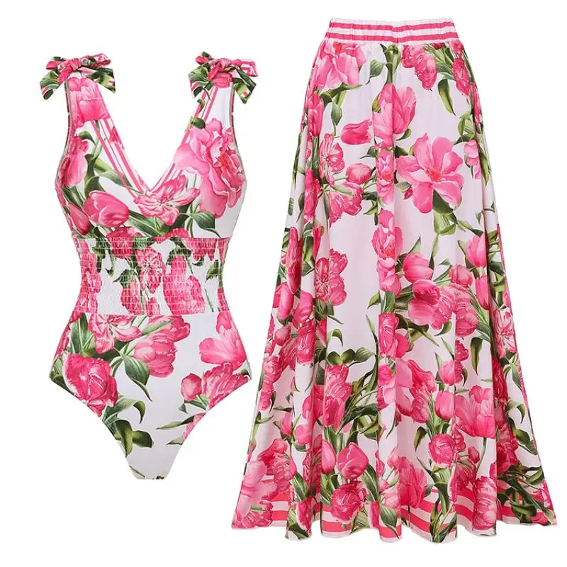 Summer Sexy Tie Shoulder Shirring Flower Print One Piece Swimsuit and Skirt Flaxmaker 2025 Vintage Printed Party Swimwear Sets