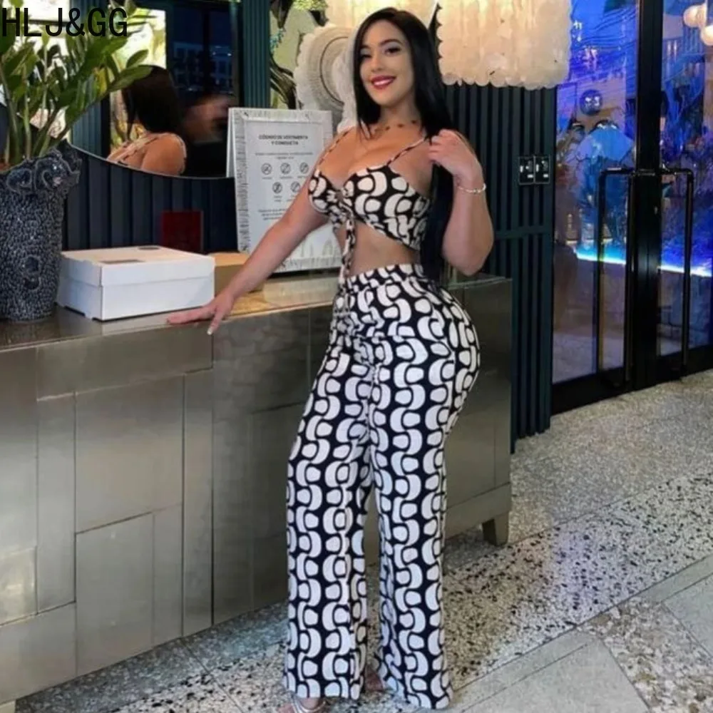 HLJ&GG Black Sexy Hollow Out Bandage Wide Leg Pants Two Piece Sets Women Thin Strap Sleeveless Crop Top And Pants Outfits 2024