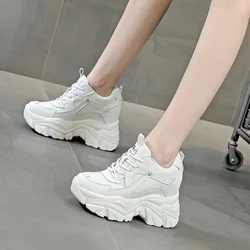 9CM Genuine Leather  Women Fashion Chunky Sneakers Spring Summer Autumn Breathable Platform Wedge Shoes Walking Sneakers Fashion