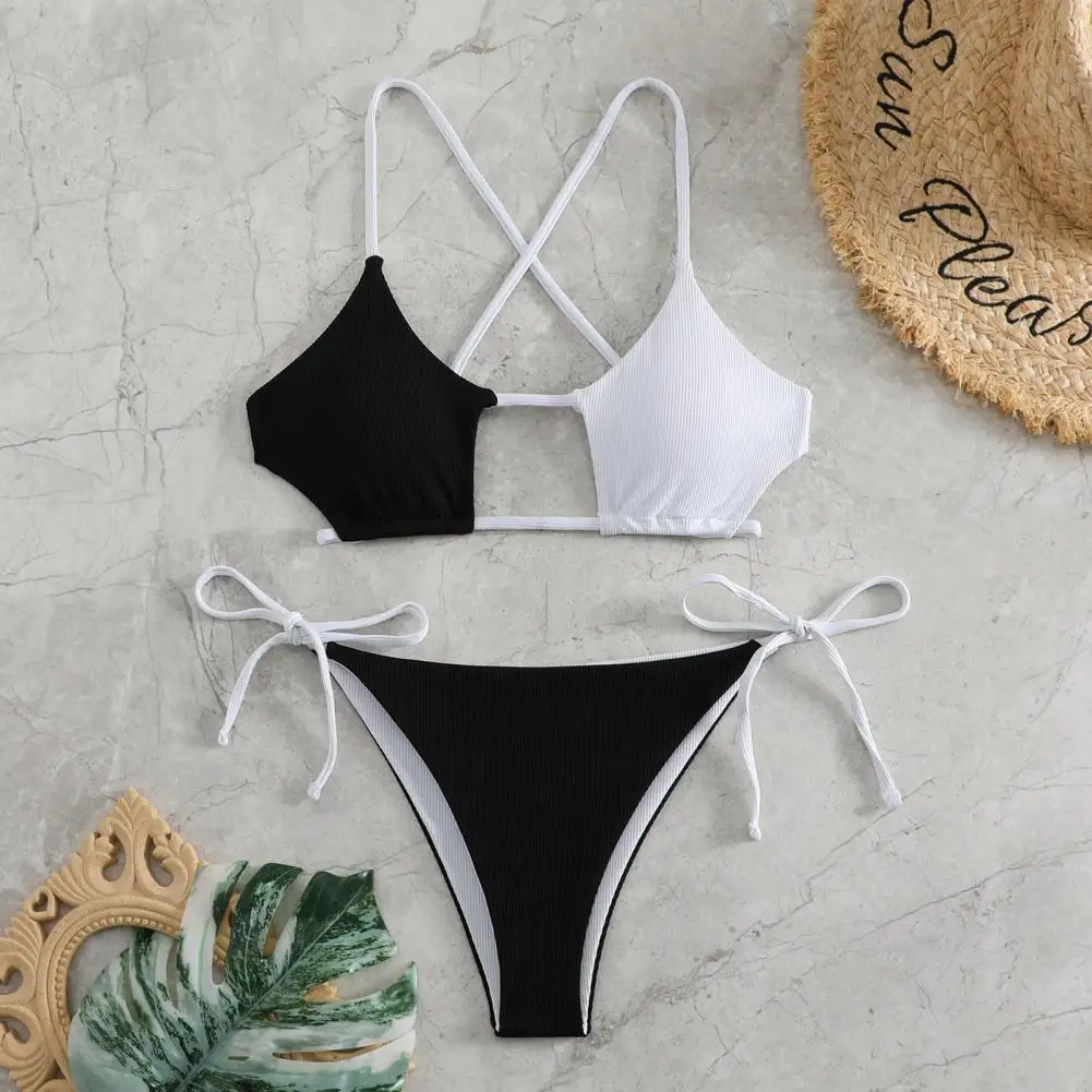 Beach Vacation Swimwear Sexy Lace-up Bikini Set for Women Push Up Swimwear Summer Beachwear Contrast Color Sling Bra Quick