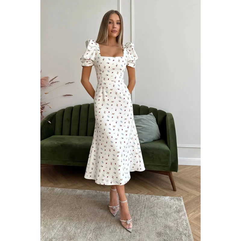 2025 النمط الأوروبي والأمريكي الفرنسي فستان طويل صيف جديد الخصر مقصوص التخسيس أنيقة المرأة الأزهار قصيرة الأكمام D