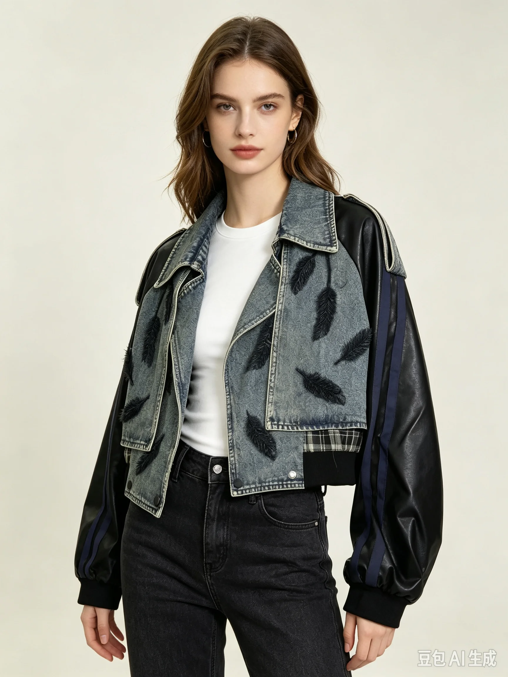 European and American trendy women's loose fitting patchwork heavy-duty nail bead embroidered denim jacket