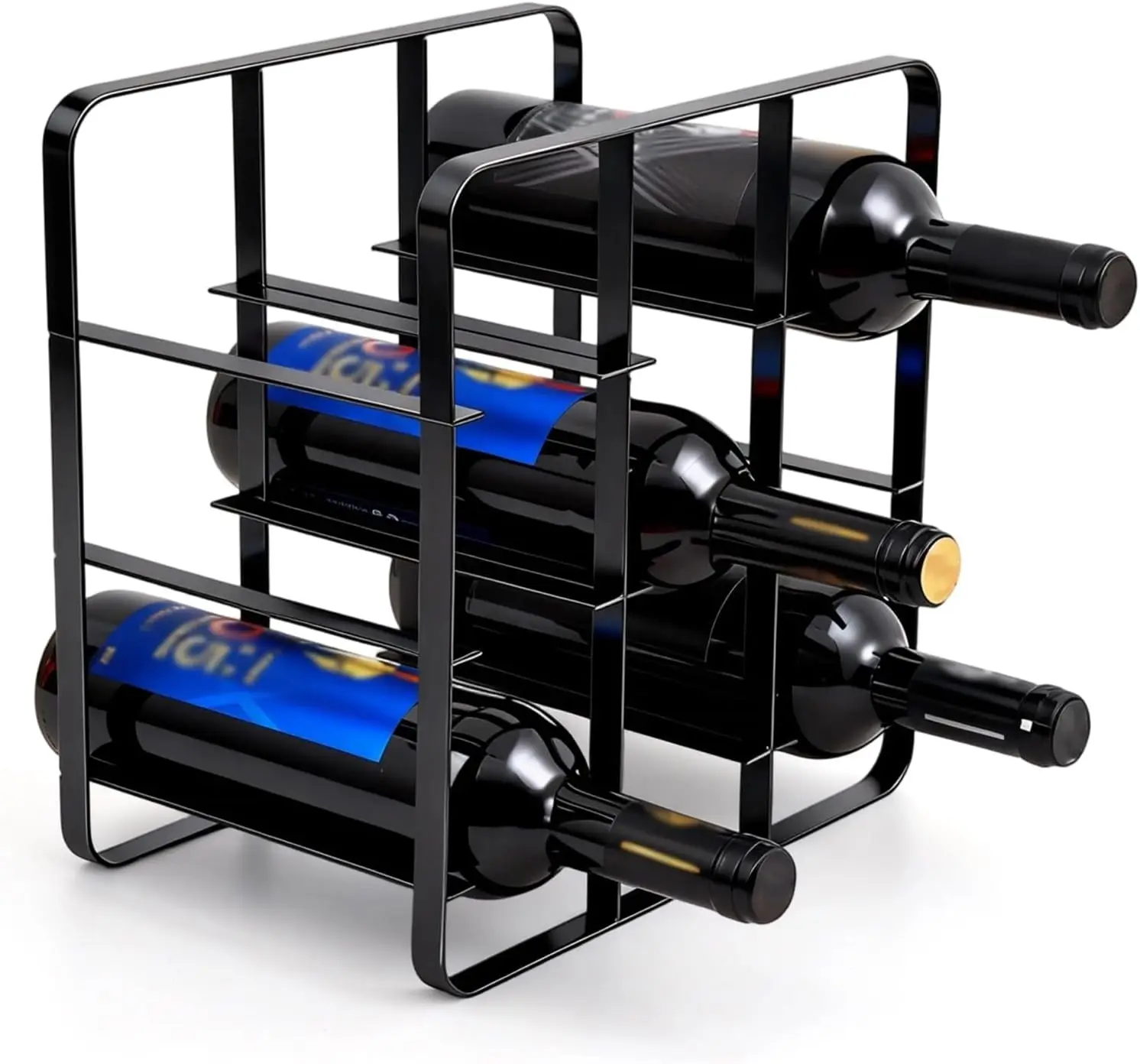 Wijnrek voor op het aanrecht, geschikt voor 9 flessen, metalen wijnrek met 3 niveaus, stapelbaar en ruimtebesparend, ideaal voor standaard 750 ml flessen, modern zwart wijnrek voor op tafel, geschikt