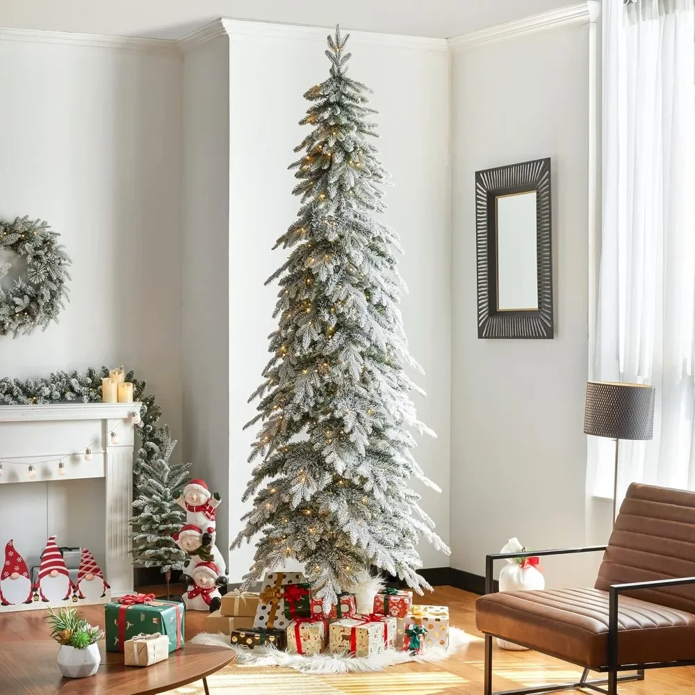 Christmas Tree 9ft Pre-Lit Flocked Pencil Spruce Artificial with 470 Warm White Lights and Sturdy Metal Stand for Christmas Tree