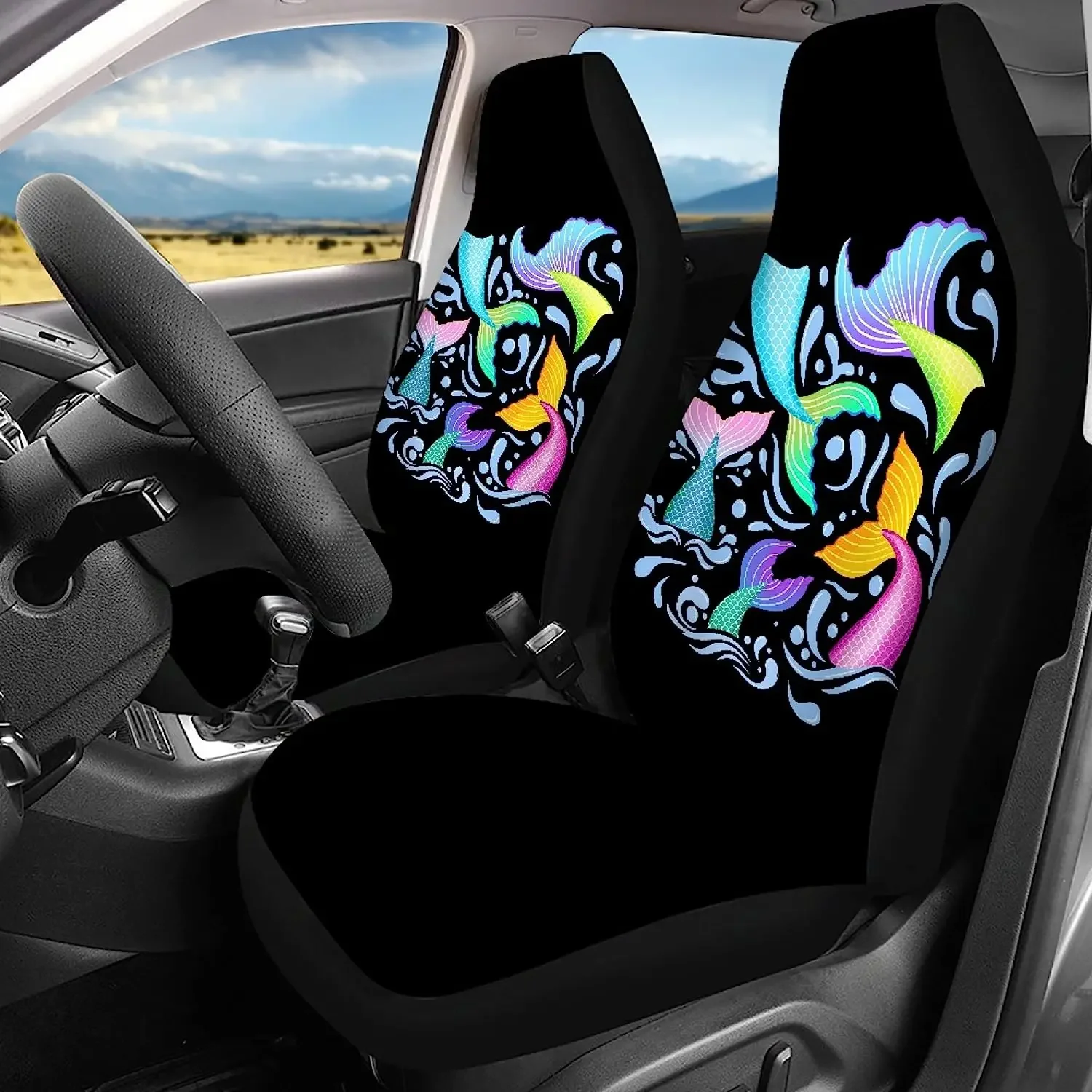 Colorful Mermaid Tails 2 Pcs Car Seat Covers Set Vehicle Front Seat Protector Auto Interior Accessories Protetors Car Mat Covers