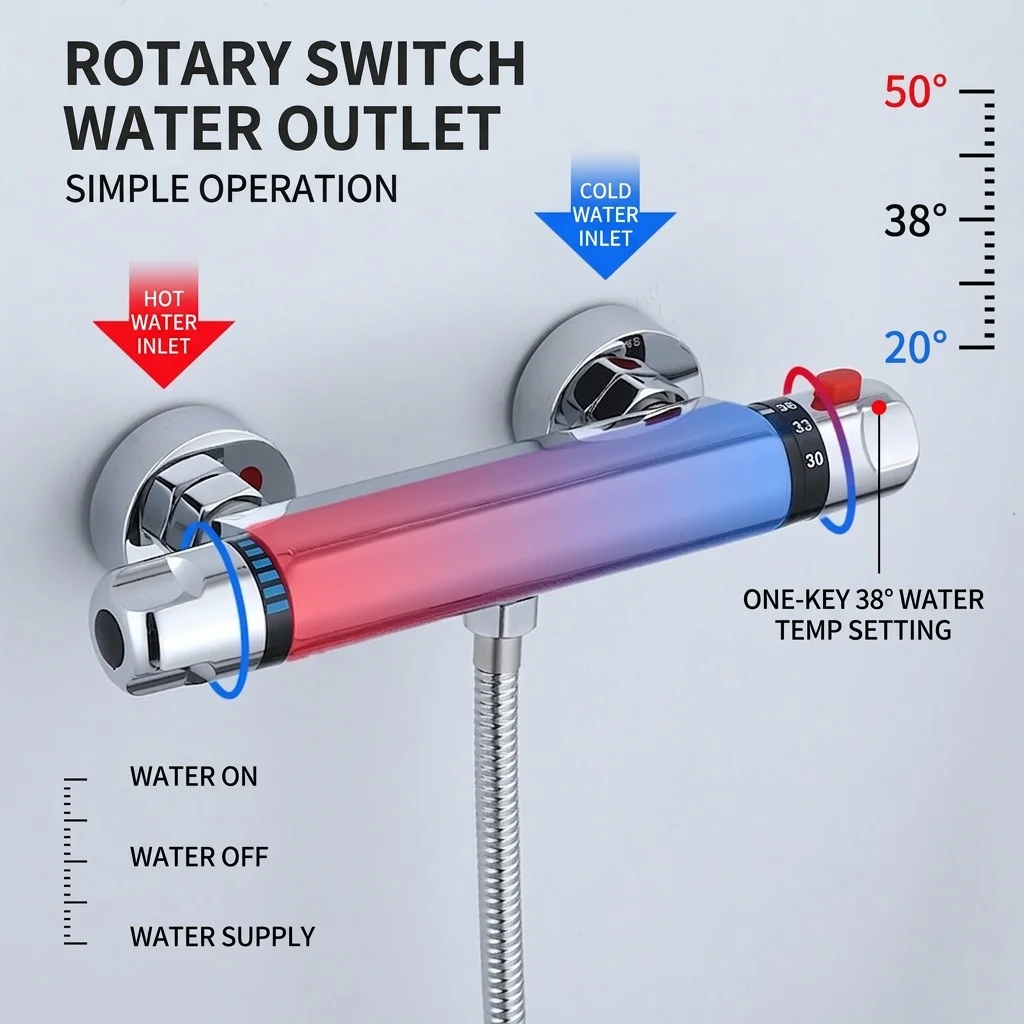 2026 New Brass Thermostatic Wall Mounted Bar Shower Mixer, Hot Cold Water Control Tap Valve, Brass Bathroom Shower Faucet