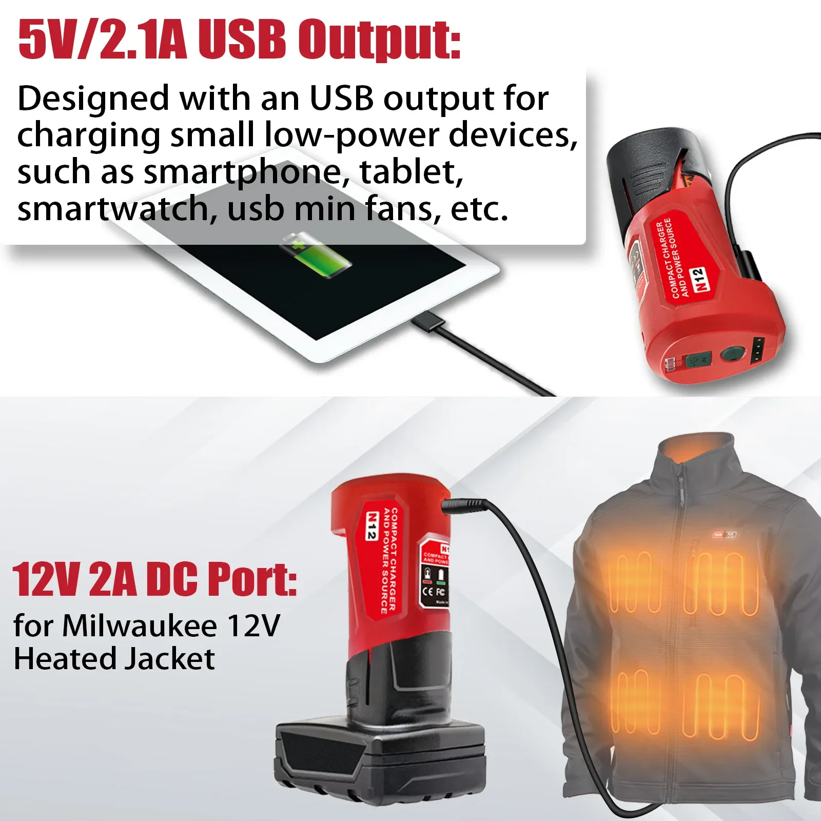 

Высококачественный адаптер питания для Milwaukee 12V, зарядное устройство для аккумуляторов M12 с портом 12V DC для подогреваемой куртки