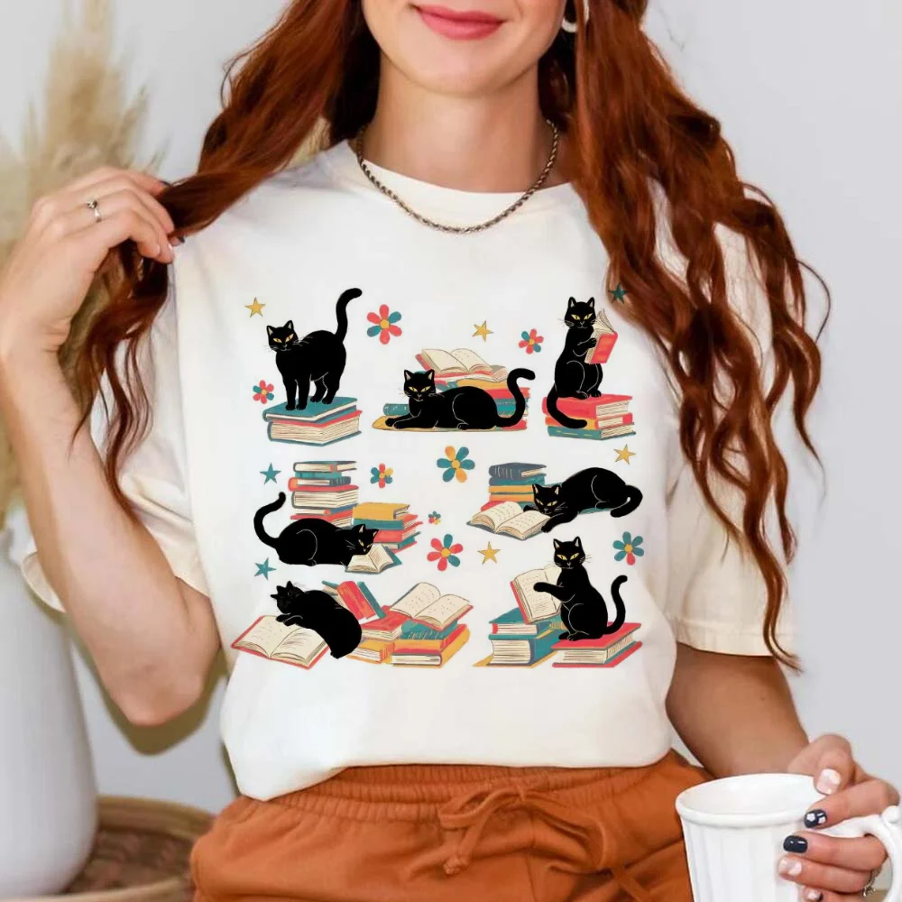 Trend ige 90er Jahre süße T-Shirt Kleidung gedruckt T-Shirt Frauen schwarze Katze T-Shirt Kurzarm gedruckt Muster Mode lässig T-Shirt