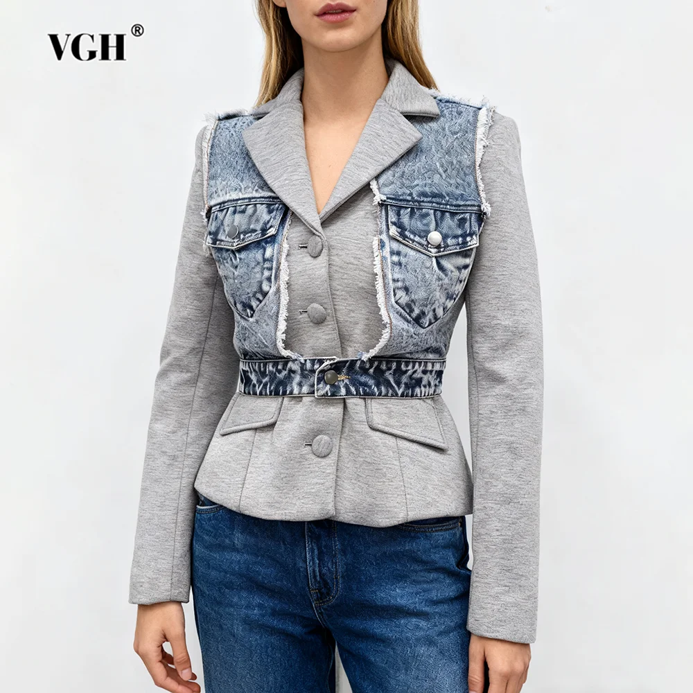 

VGH хитовые цвета лоскутные джинсы с необработанными краями дизайнерские пальто для женщин с лацканами и длинными рукавами на пуговицах утягивающий свитшот женский стиль