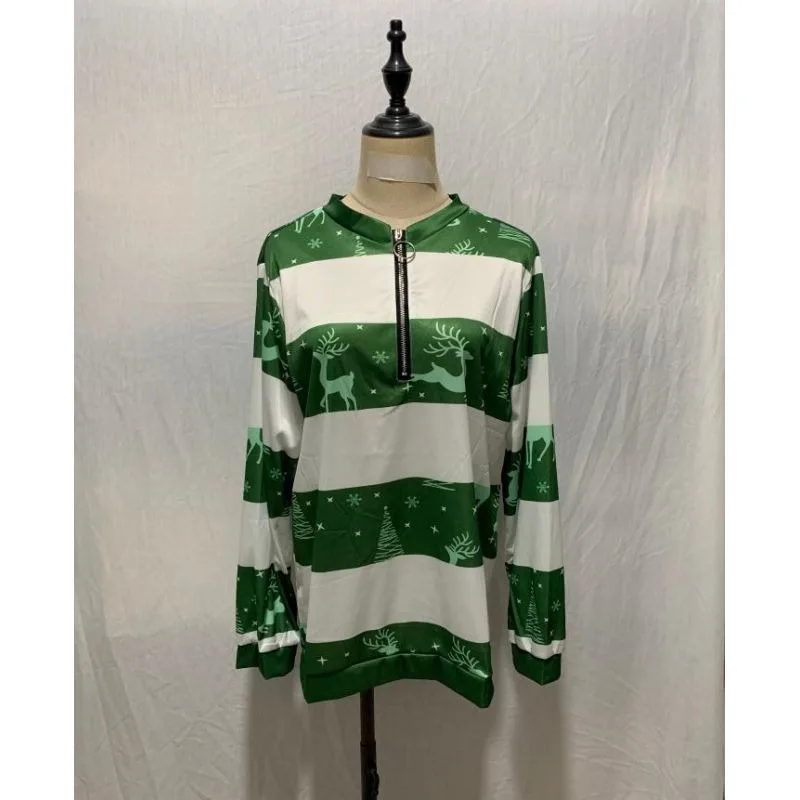 เสื้อสเวตเชิ้ตแขนยาวพิมพ์ลายคริสต์มาสคอวีมีซิปแฟชั่นสำหรับผู้หญิง
