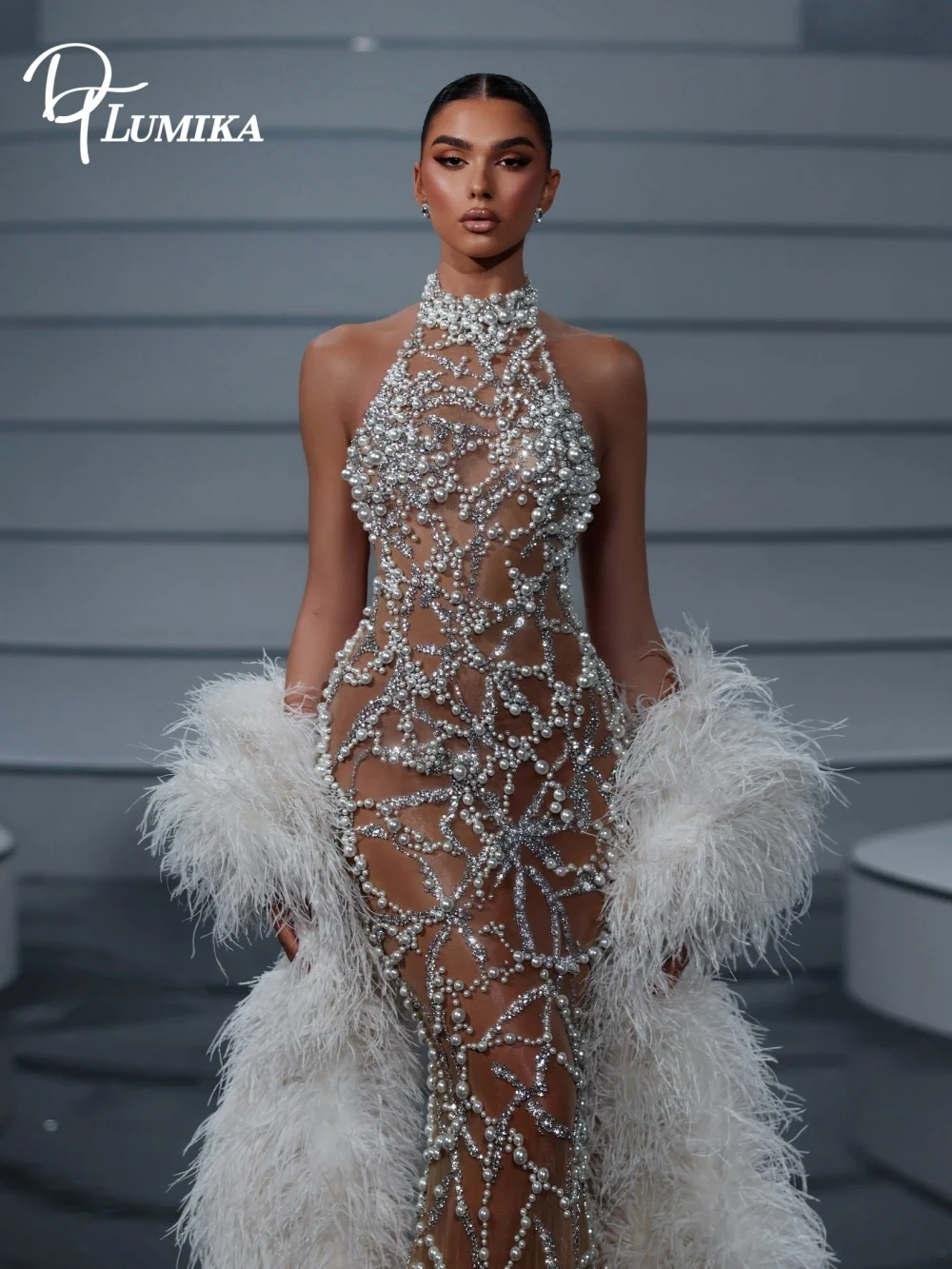 Glamorous High Neck Halter Evening Gown 2027 Pearl Floral Beading Feather Long Sleeves Bridal Dress Customized Vestidos De Novia