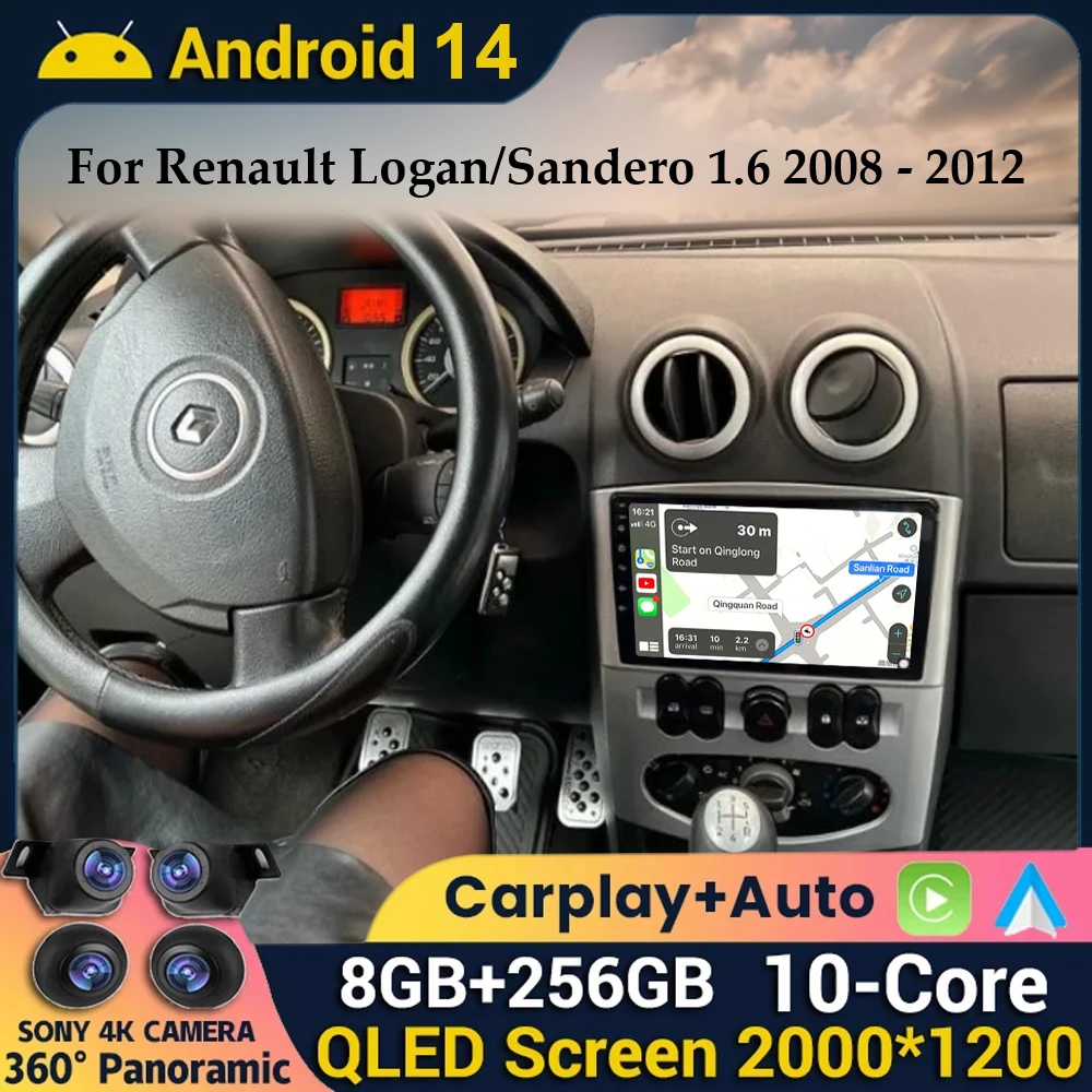 

9" Android 14 Car Multimedia for Renault Logan/Sandero 1.6 2008 - 2012 Player Wireless Carplay Auto Radio GPS Navigation Wifi