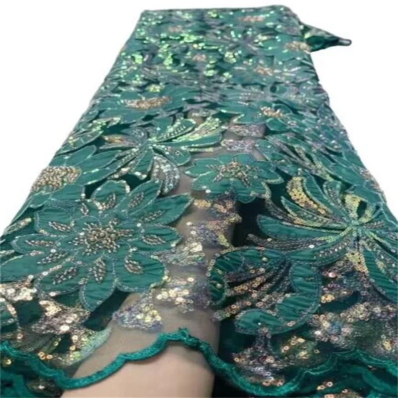

Luxurious Nigerian Handmade Beads Lace Fabric Green High Quality Sequins Beaded Embroidery African French Lace Fabric For Dress
