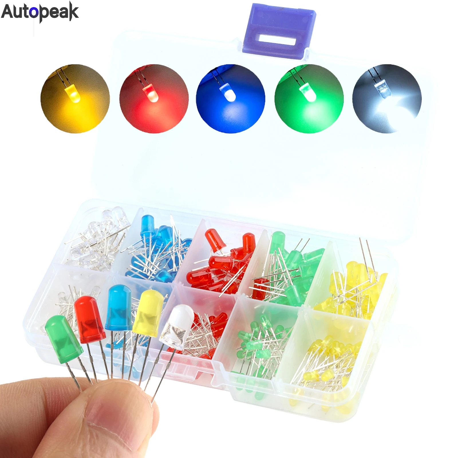 200pcs 3/5mm Light Emitting Diode Led Diode Assortment Kit Diffused 2pin Round Color White/Red/Yellow/Green/Blue Kit Box 5Colors