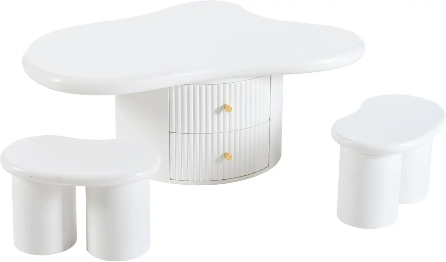 Coffee Table Set of 3, Irregular Shape Coffee Table with 2 Drawers, 2 Small Stools for Living Room, White
