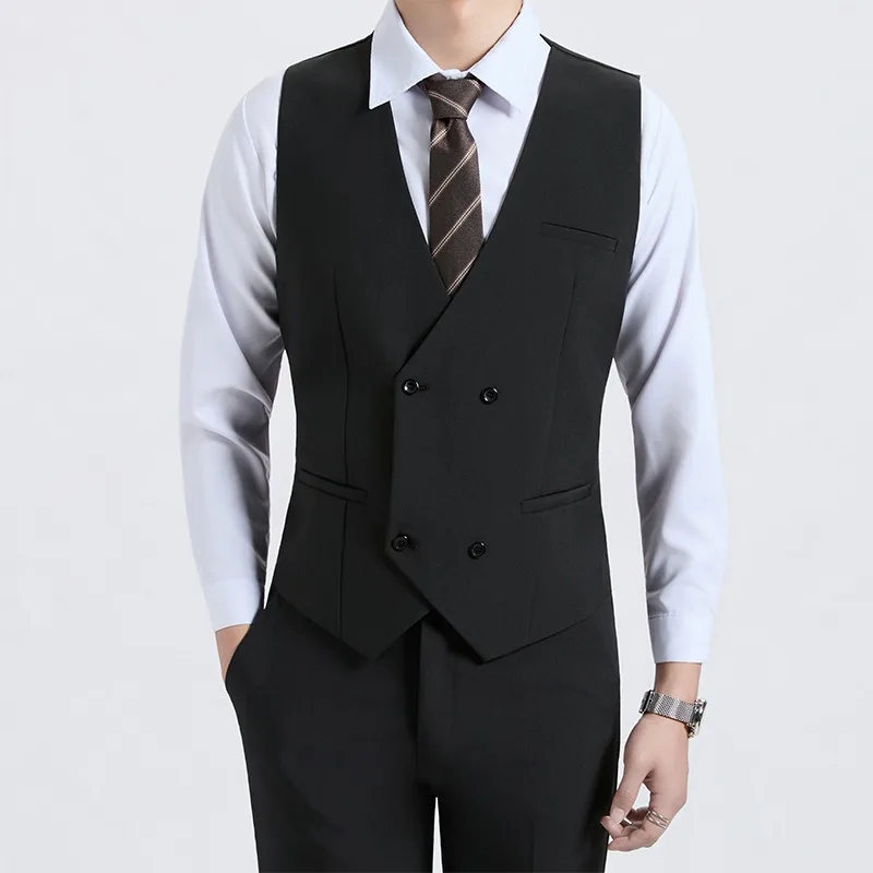 

KIDWHXR Men Suit Set Simple Solid Shirt Double-breasted Vest Male Pleated Straight-leg Pant Man Slim Wedding 3-piece Outfit