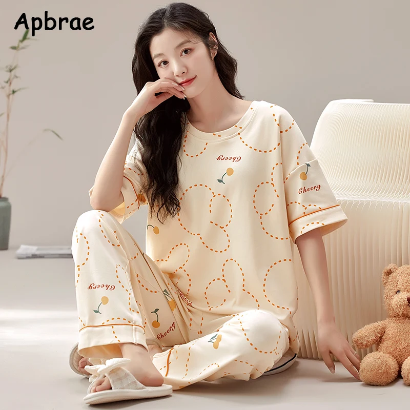 Summer Fruit Print Pajamas for Women Cotton Pajama Sets Short Sleeves Long Pants Cartoon Round Collar Pijamas Girl Sleepwear