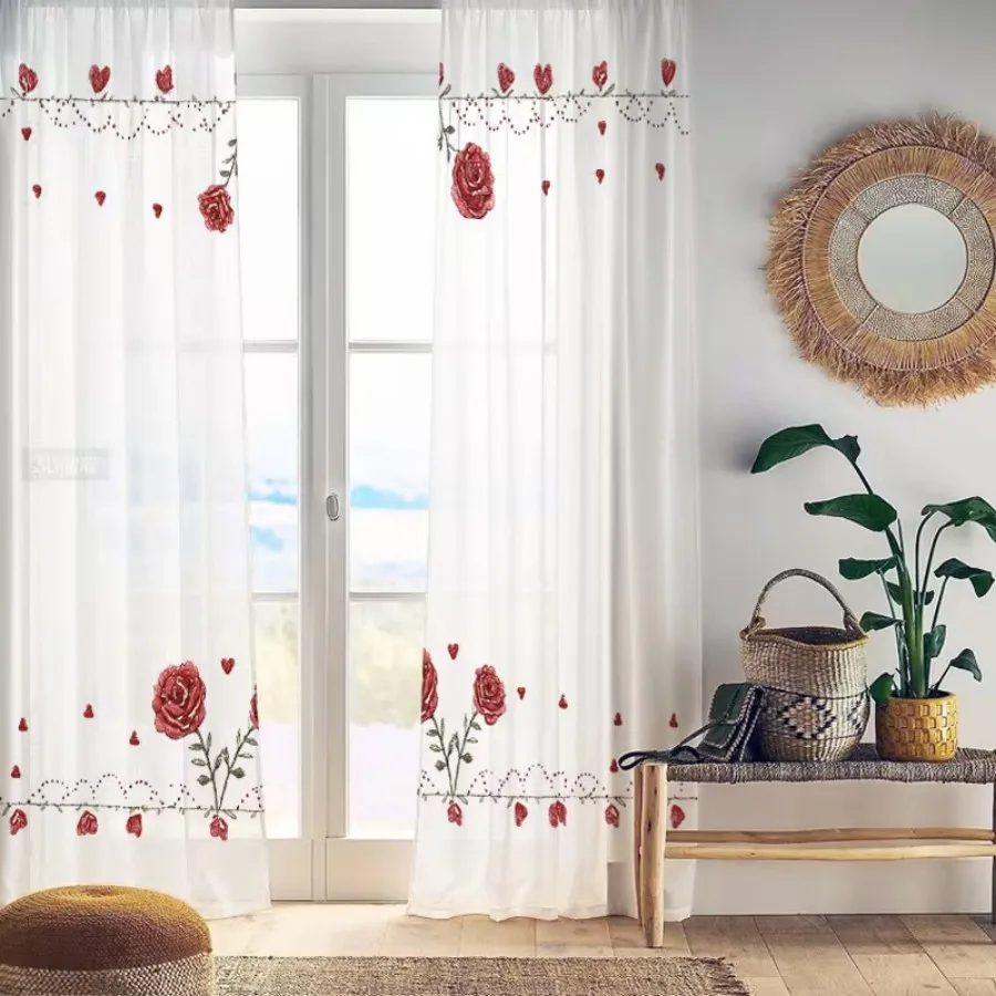 2PCS Digital Print Sheer Curtains, Red Rose Adorned Heart, Romantic Gothic Floral Heart for Bedroom Living Room Home Decor