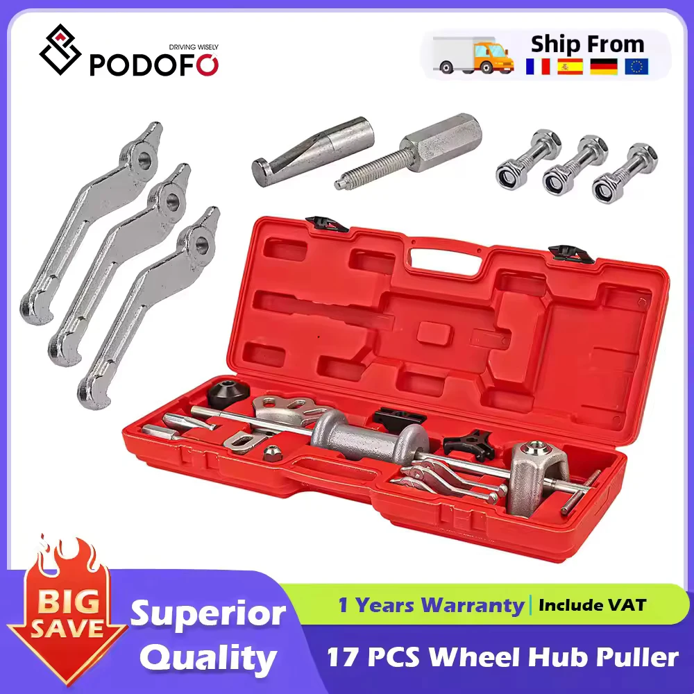 Podofo Ensemble de 17 extracteurs de moyeu de roue avec marteau coulissant Extracteur de roulement de roue Outil de réparation de roue pour voiture