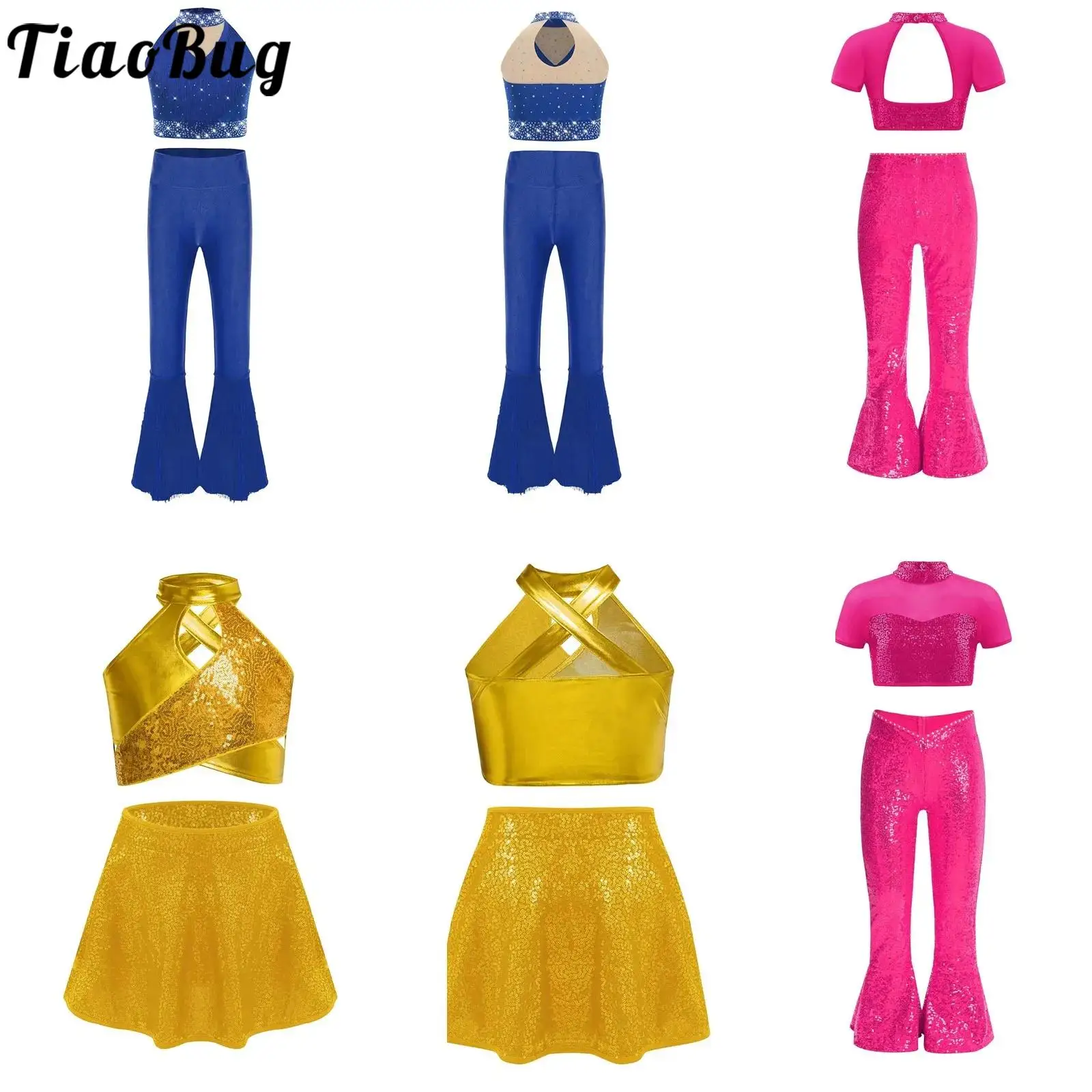 

Girls Jazz Modern Dance Outfits Short Sleeve Cutout Back Sequins Crop Top with Bell-Bottomed Pants Street Contemporary Dancewear