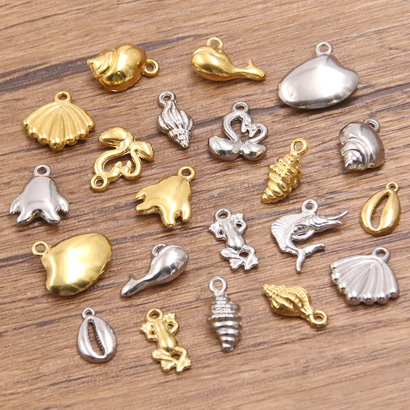 5Pcs 2 Color Stainless Steel Animal Pendant Swan Shell Whale Conch Penguin Charm DIY Necklace For Jewelry Making