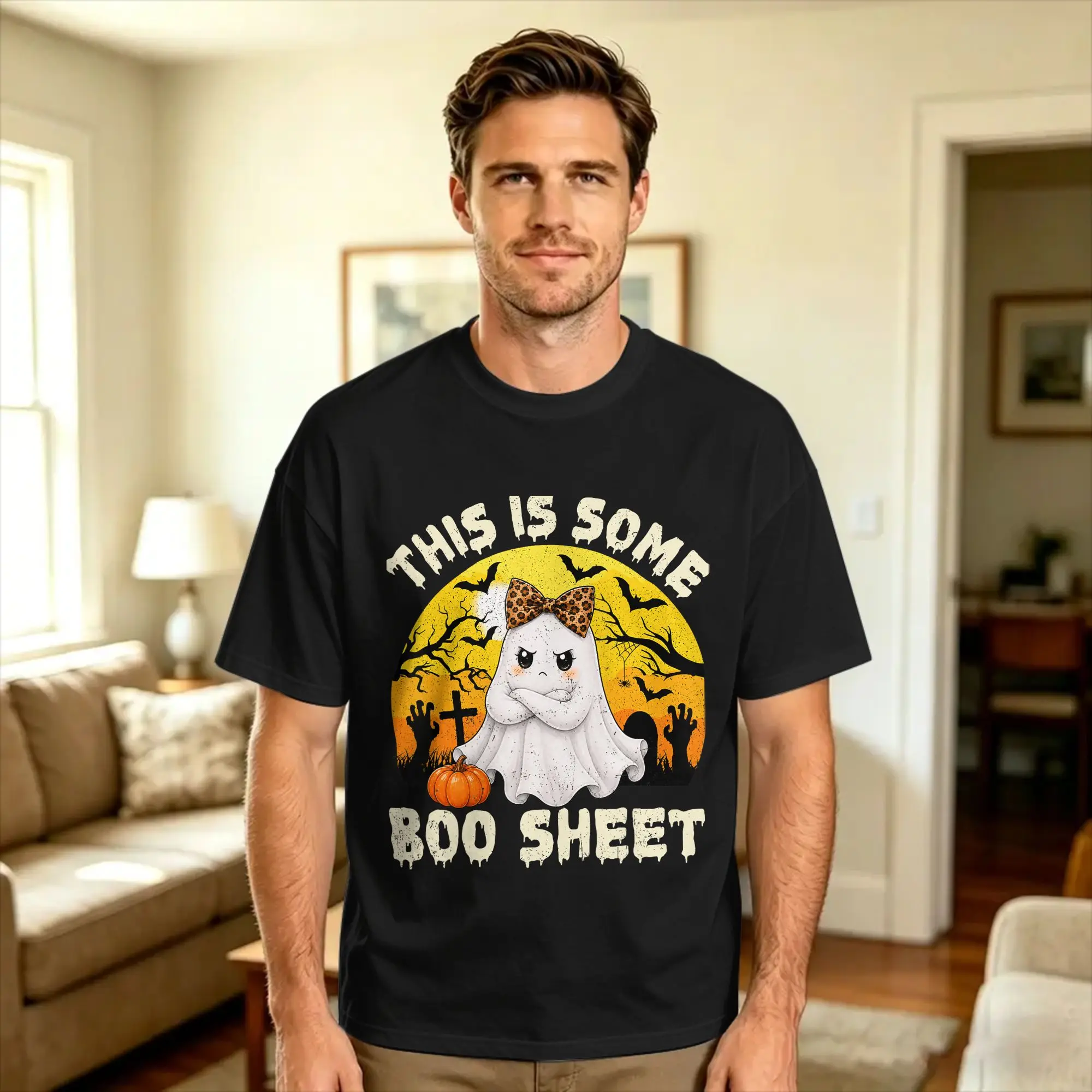 Oversized T-Shirt Beach Halloween This is Some Boo Sheet Ghost Moon Hip Hop T-Shirts  100% Cotton Tee Shirt Short Sleeve Tees