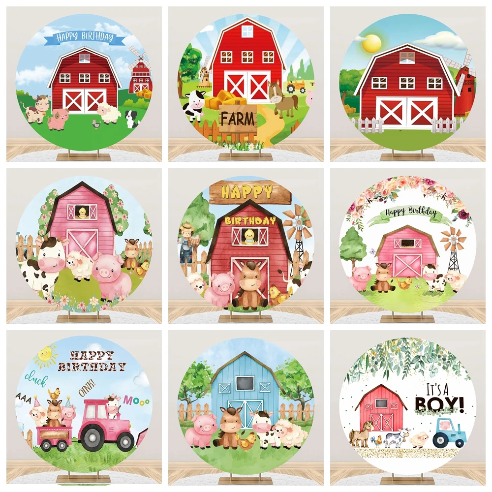 Baby Cartoon Rural Farm Round Backdrop Field Windmill Child Birthday Wood Fence Decor Photography Background Baby Shower Party