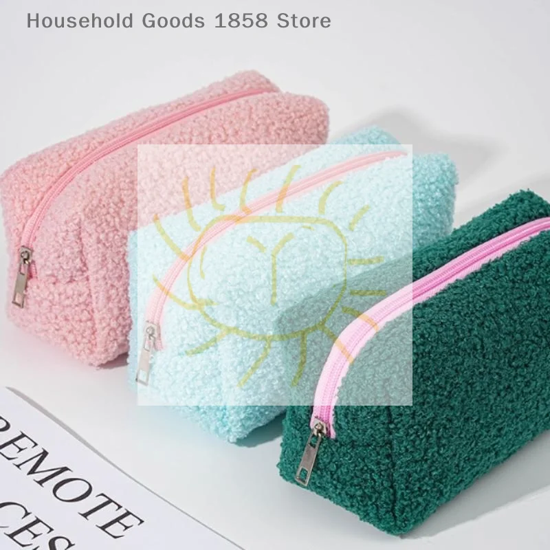 Cute Plush Makeup Bag For Women Portable Travel Small Cosmetic Bags Solid Color Zipper Toiletry Bag Washing Pouch Storage Bags