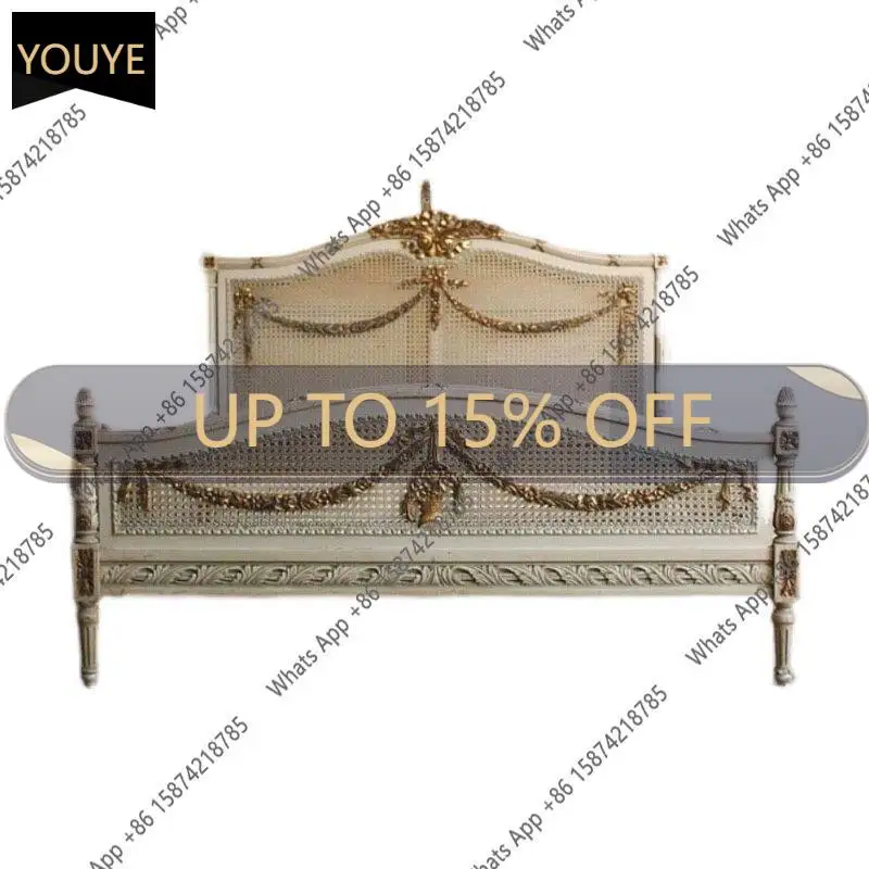 

K65 French Retro Rattan Art Solid Wood Bed American Classical Bed B & B Antique Old Carved Master Bedroom Column Bed