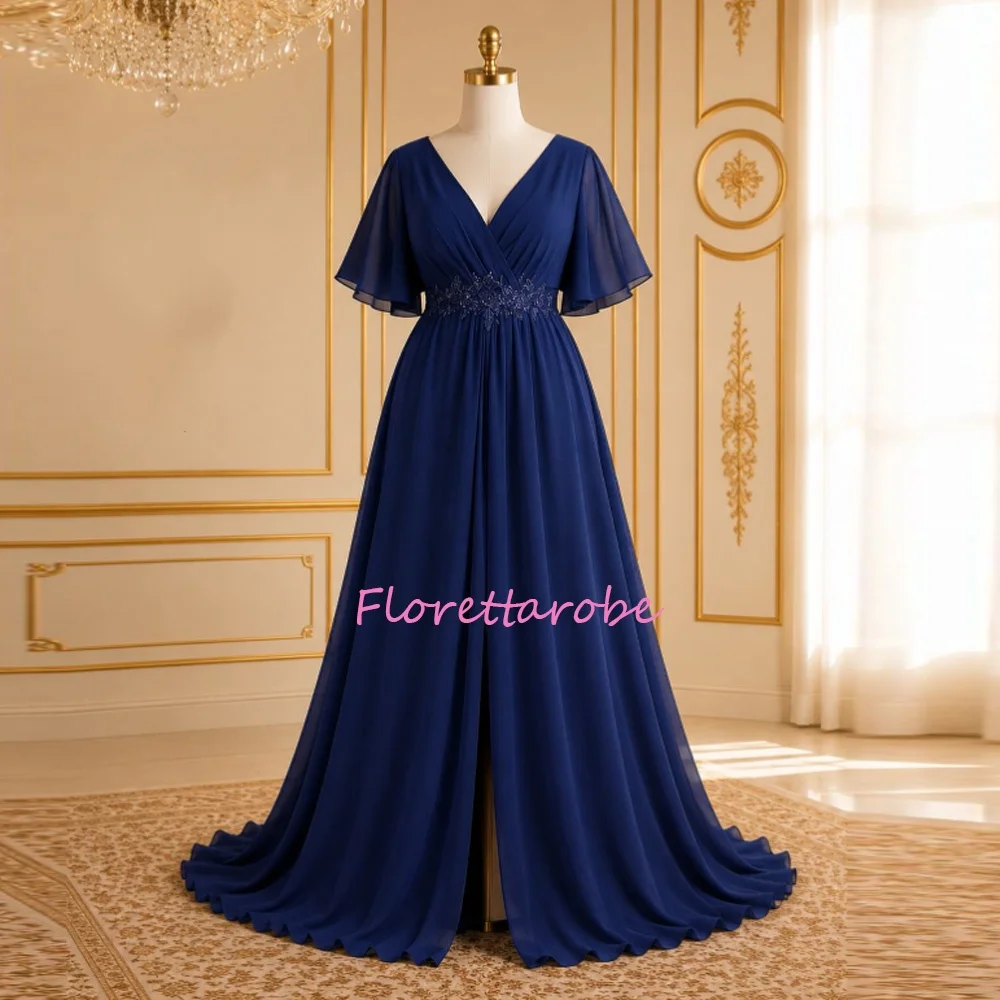 

Ruffles Sleeves Mother of The Bride Dresses for Women Chiffon Appliques Slit Evening Gown V Neck Wedding Guest Dress Customized
