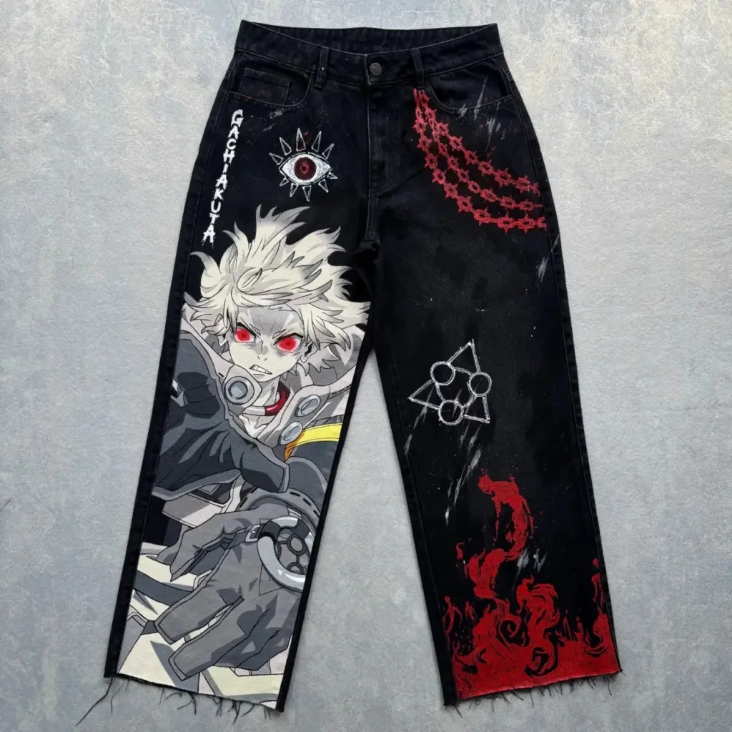 Men Black Wide Leg Jeans Anime Graphic Print Raw Hem Denim Pants Streetwear Hip Hop Loose Trousers Red Chain Pattern Gothic Punk