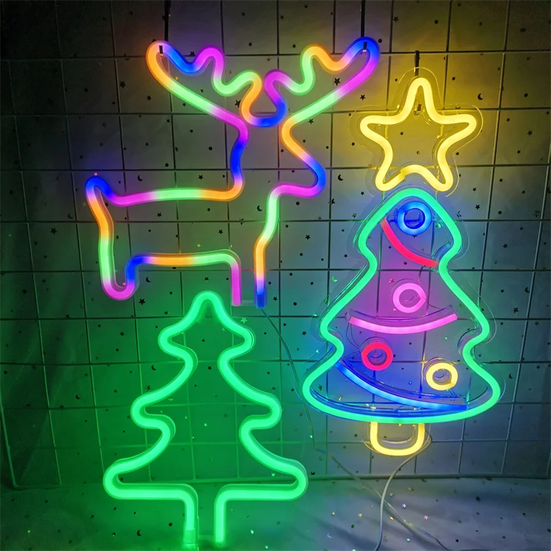 Christmas Decoration LED Neon Sign Light Deer Head LED Lamp Christmas Hat Elk Tree Snowflake Decor Room Wall Shop Window Hang