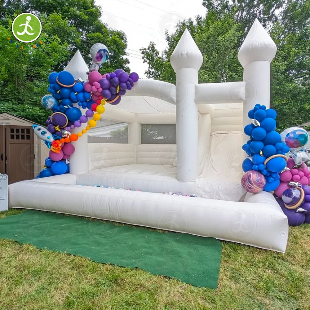 Clearance Now! New White Bounce House for Kids and Adults, Slide and Ball Pit, Outdoor PVC Jumping Bed, Inflatable Castle, 15x15