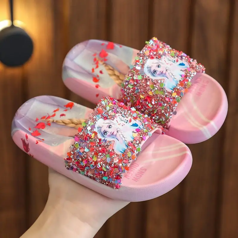 Disney elsa frozen Princess Children\'s Slippers Summer non-slip Girls Crystal Fashion indoor home soft soles sandals