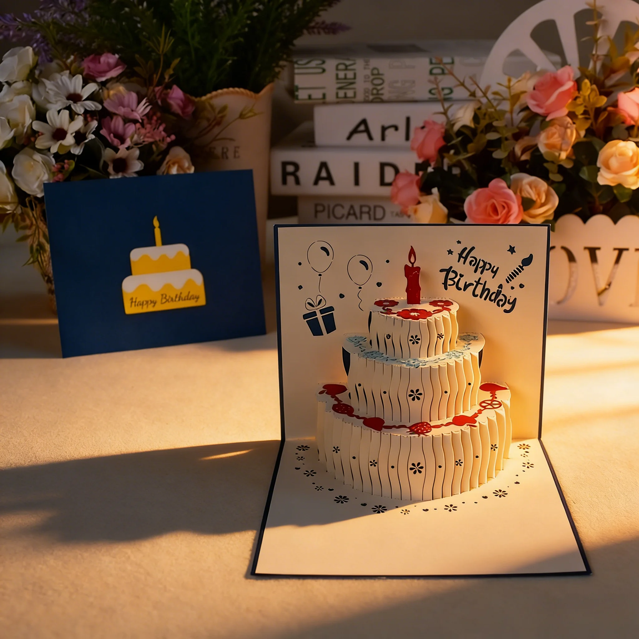 

3D Happy Birthday Cake Pop-Up Cards with Flowers Greeting Cards for Birthday Anniversary Party Gift Supplies