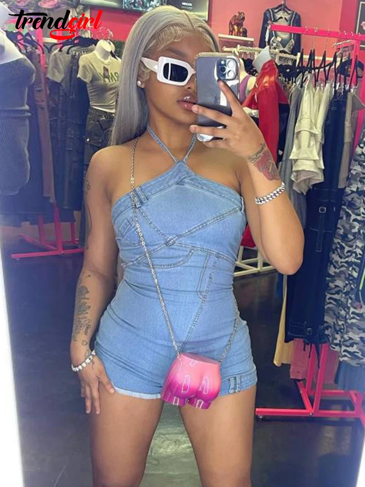 

Mlaiscsr Sexy Lace-up Halter Denim Stretch Short Jumpsuit Women Backless Night Club One Pieces Romper Birthday Jean Playsuits