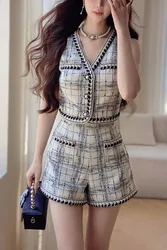 DABUWAWA Elegantes Vintage 2 Piece Sets Women Outfit Light Weight Fancy Suiting Sleevesless Vest Binding Shorts Y2K DA1BSE045