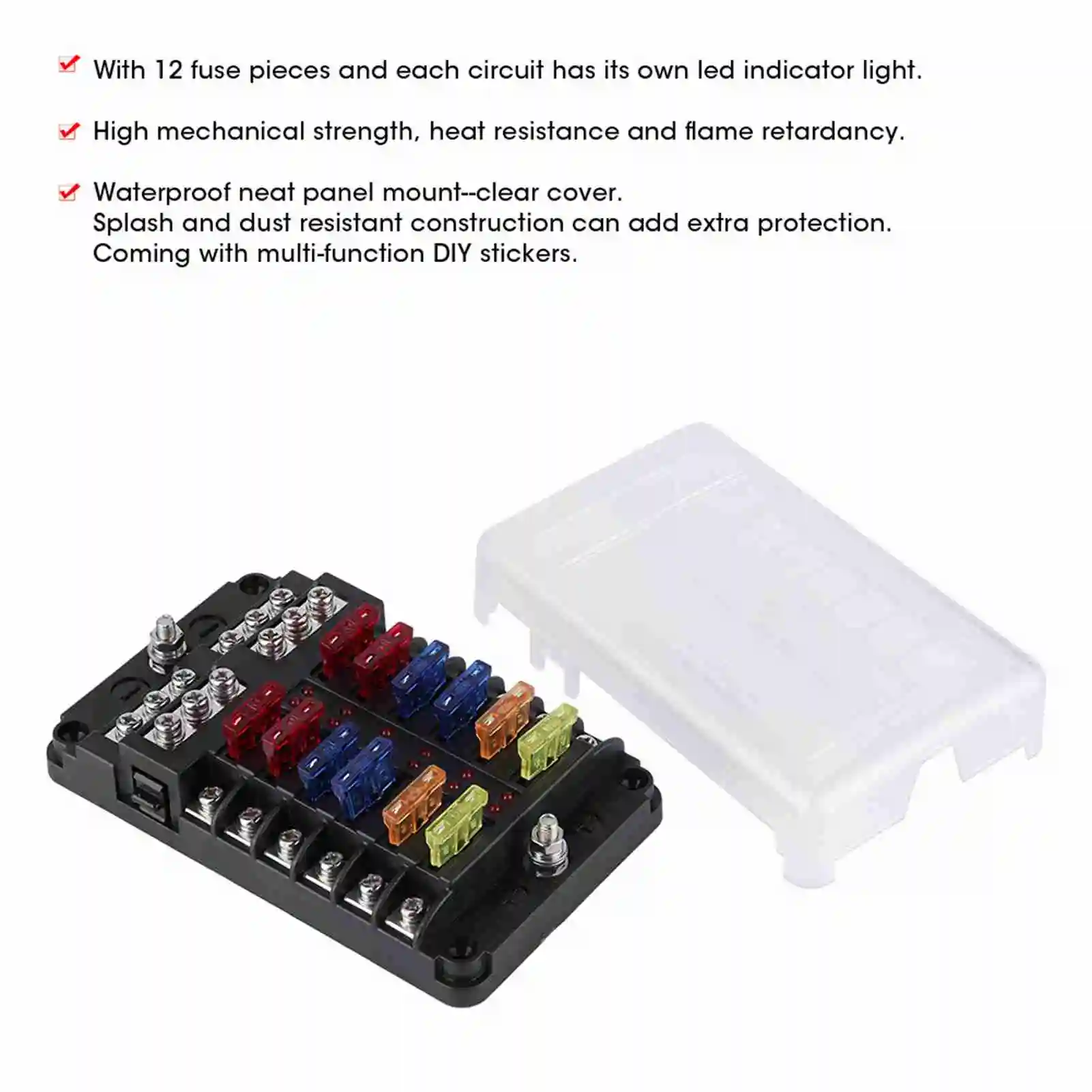 12 Way Fuse Box Block Fuse Holder 12 Way Blade W/LED Light Waterproof Block for Automotive Marine Yacht