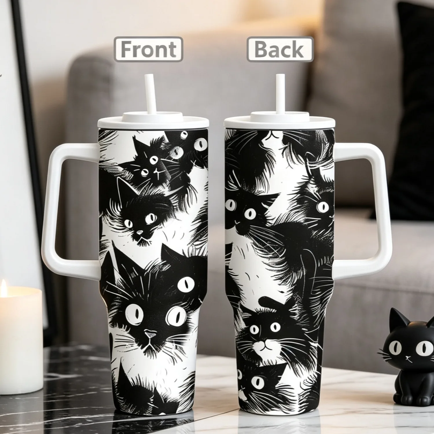 1pc 40Oz Stainless Steel Cat Cup with Lid And Straw - Perfect for Christmas, Halloween, Valentine'S Day, Mother'S Day, Graduation, Or Anytime - Hand Wash Solely