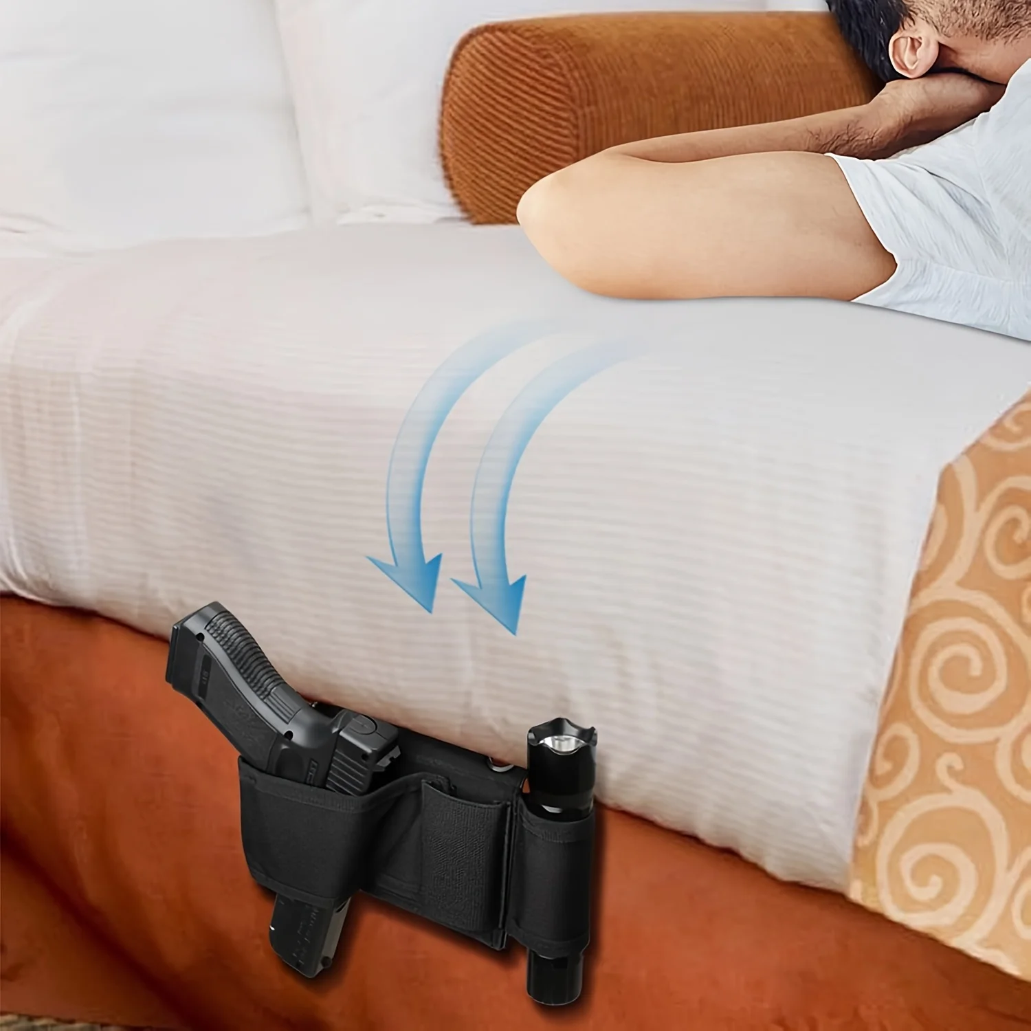 Tactical Bedside Gun Holster, Under Mattress Handgun Holster with Flashlight Loop Holder, Suitable for Car Seats, Bedside, Sofa image 2