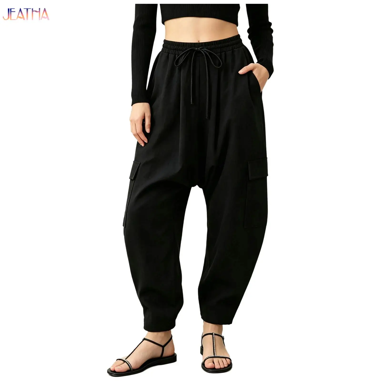 Women Palazzo Harem Pants Casual Cargo Pants Drop Crotch Multi-pocket Drawstring Elastic Waistband Baggy Pants Pirate Trousers
