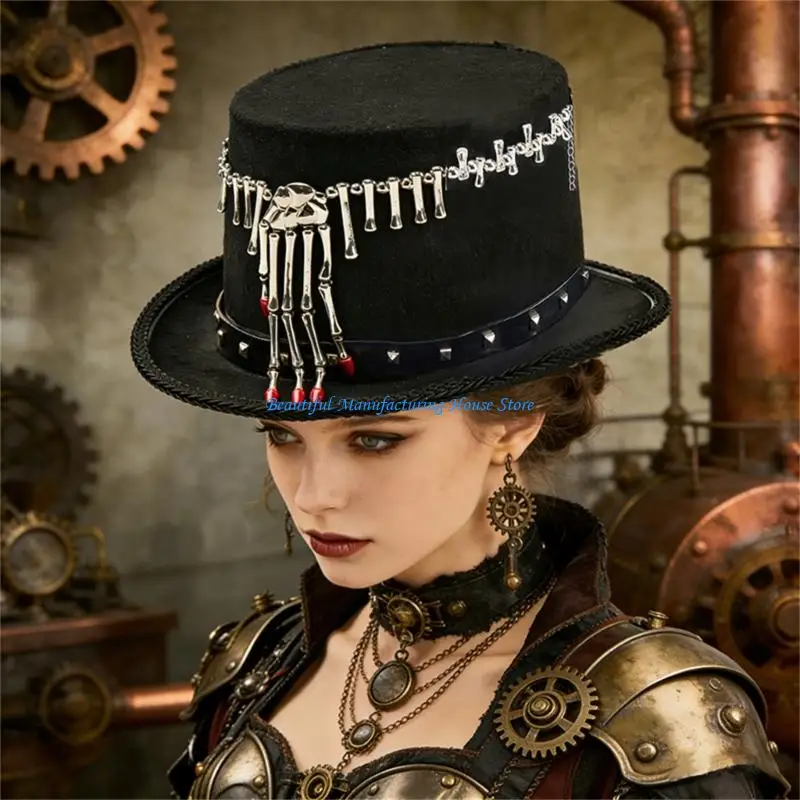 E56A Victorian Themed Cosplay Hat Gothic Top Cap Adorned With Delicate Fringe Comfortable For Various Occasion
