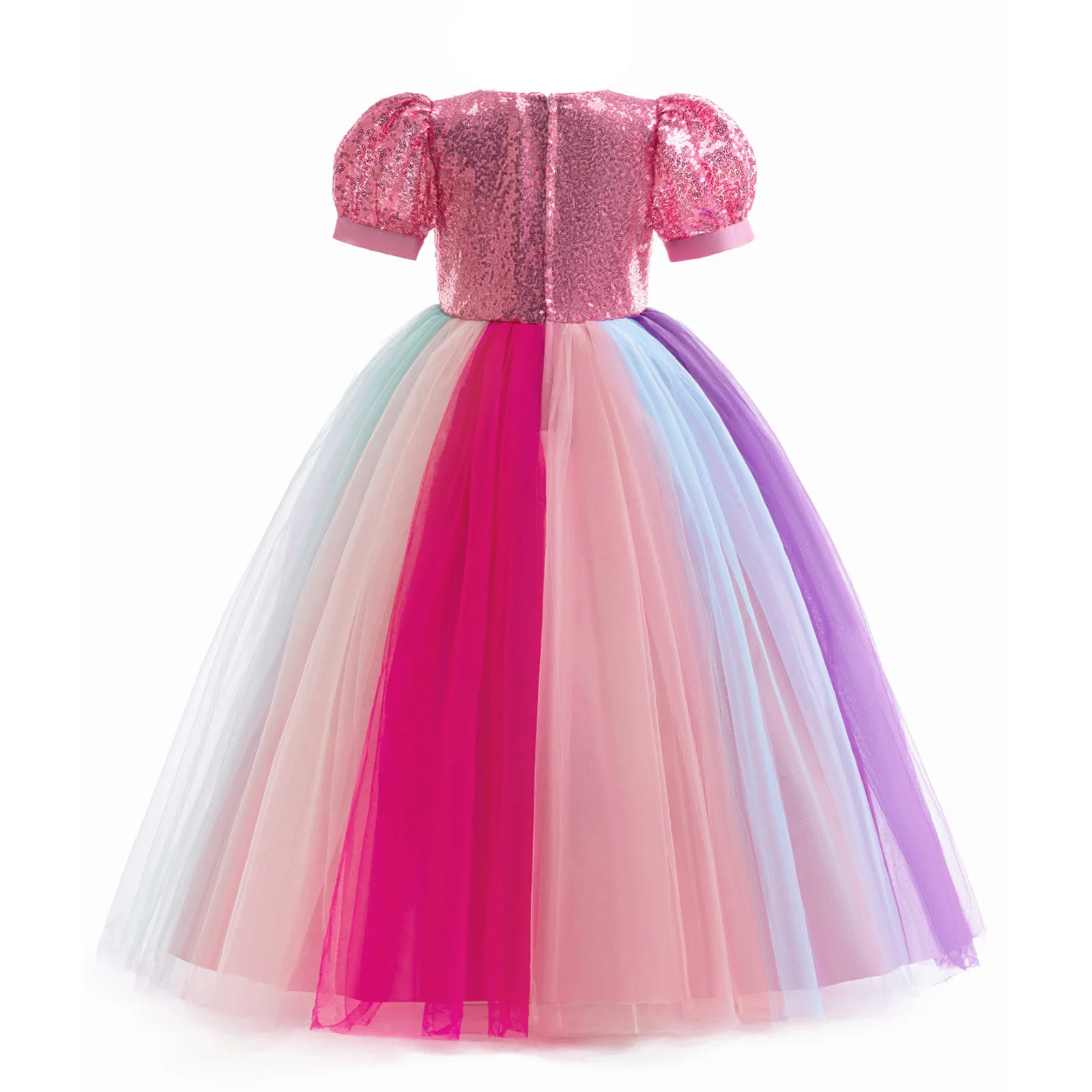 Girls Mermaid Princess Dress Shiny Sequins Puff Sleeve Rainbow Tulle Tutu Dress for Fantasy Birthday Parties Stage Performances
