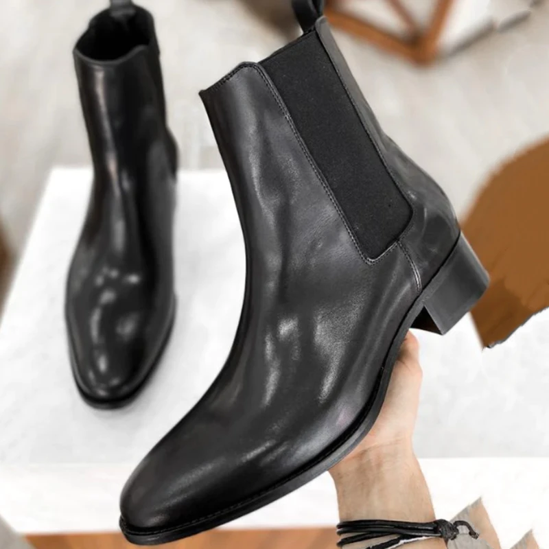 New Black Chelsea Boots for Men Low Heels Band Shoes Square Toe Slip-On Business Men Ankle Boots Genuine Leather Botas De Hombre