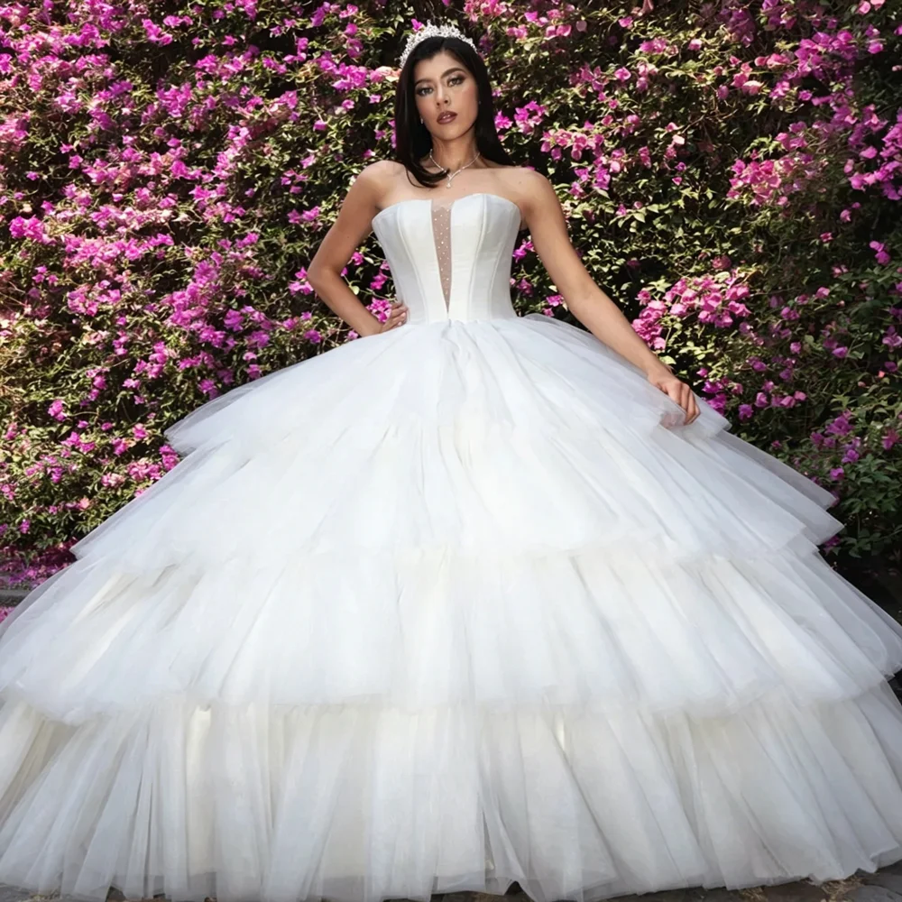 Maßgeschneidertes 2026 Klassisches Neues Brautkleid mit tiefem V-Ausschnitt, weißes Ballkleid, gestuftes, trägerloses, rückenfreies Hochzeitskleid, Vestido De Noiva – Detail 3