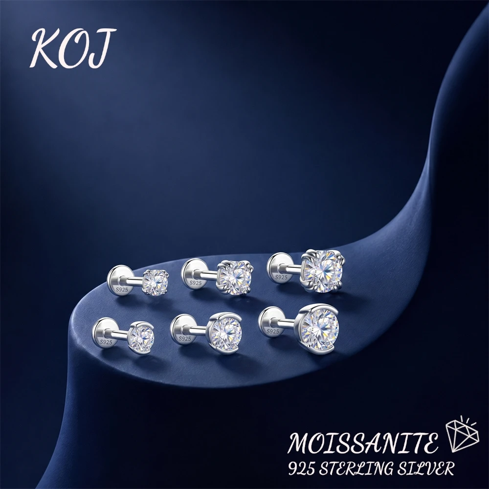 KOJ 1PC Moissanite Cartilage Piercing Stud Earring S925 Silver Four‑Prong Setting Dainty Fine Jewelry Hypoallergenic For Women