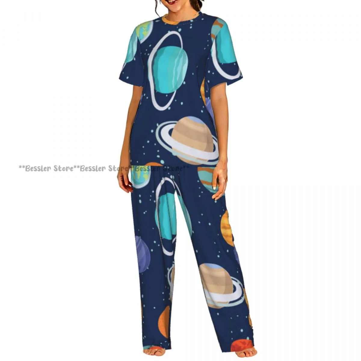 

Женский пижамный комплект с изображением астронавта, Земли, Сатурна, ракет и звезд, с короткими рукавами, 2 предмета, домашняя одежда, одежда для отдыха
